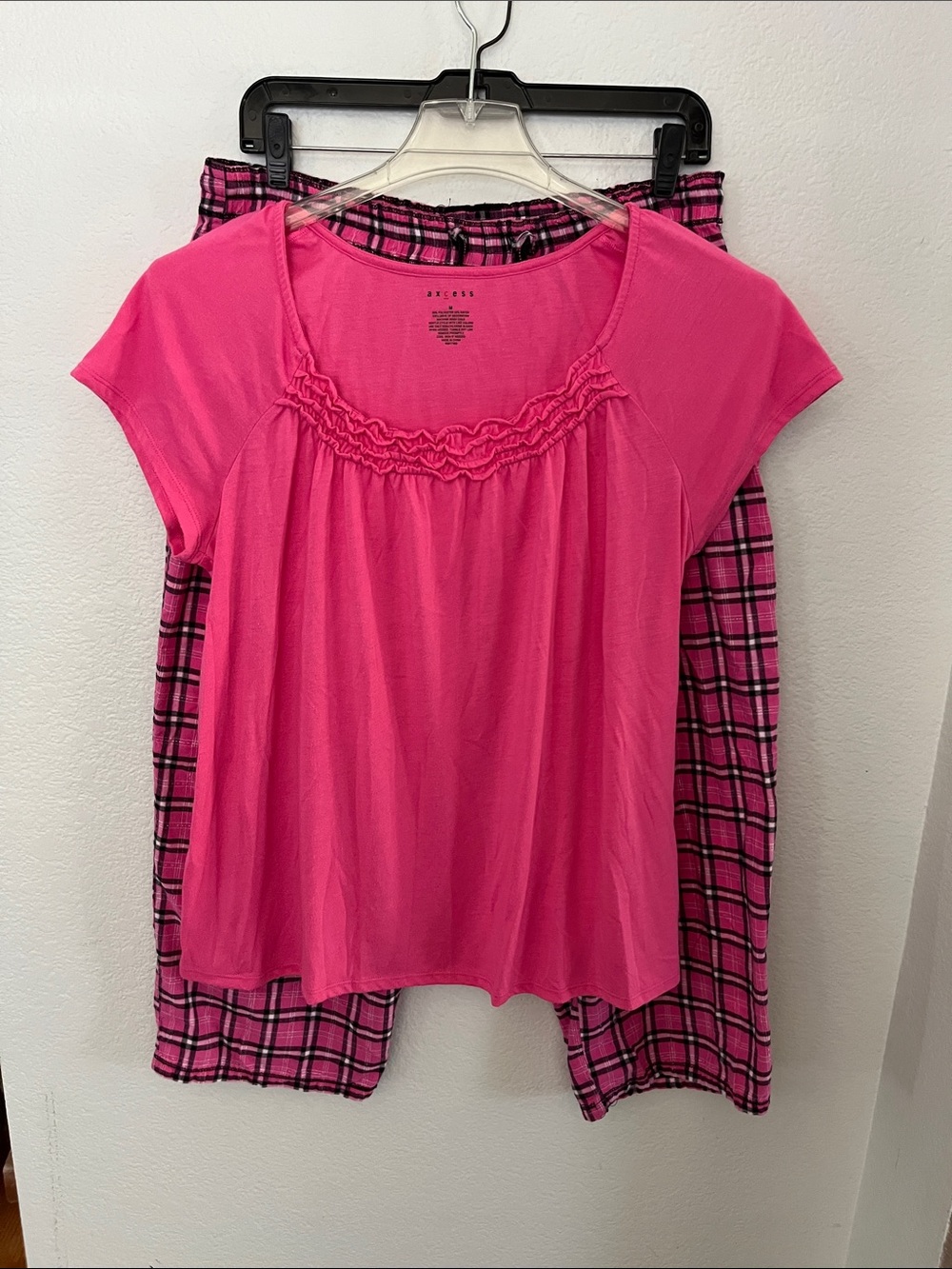 Axcess Hot Pink Short Sleeve Top with Pink Plaid Lounge Pants